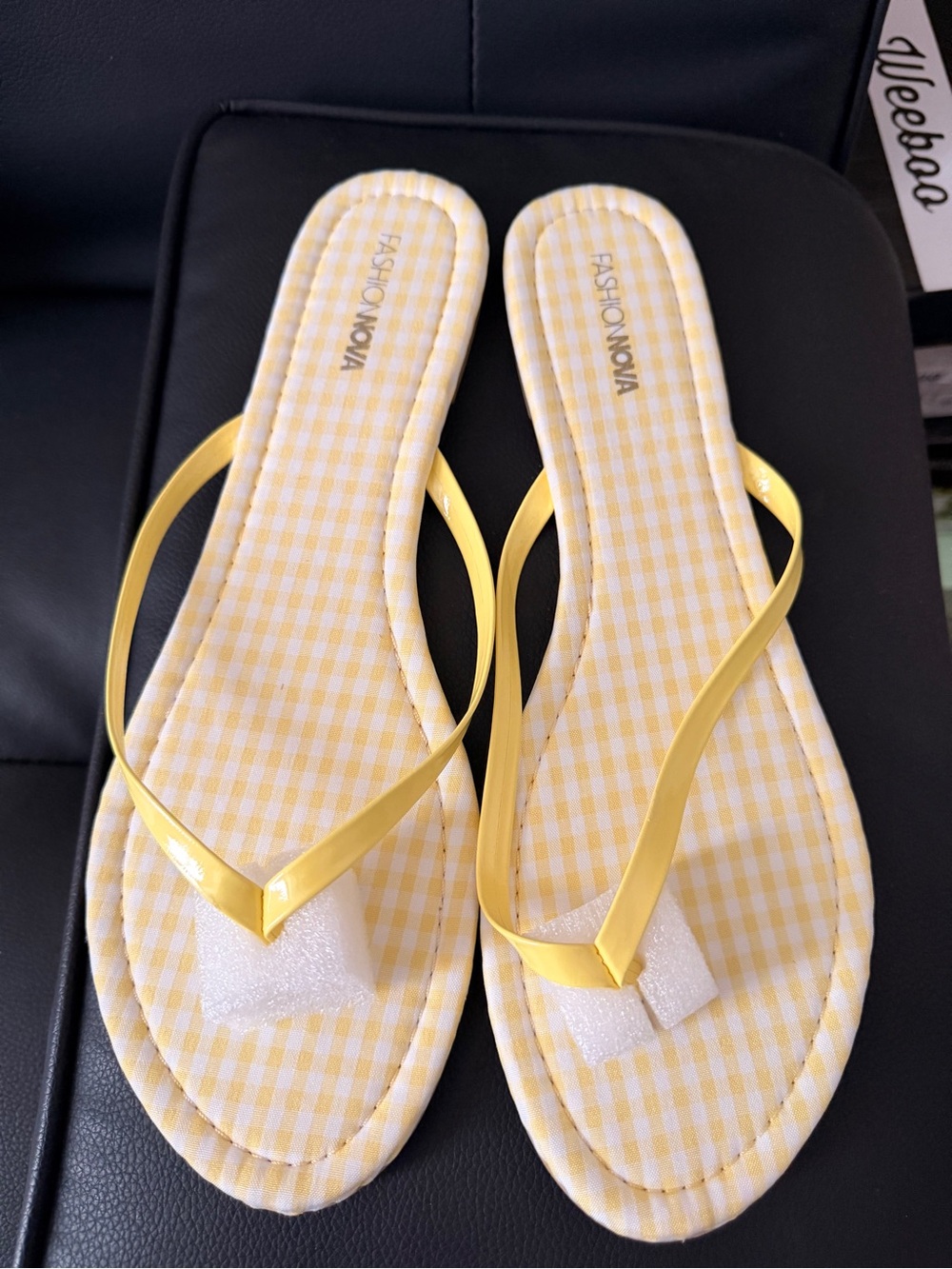 Fashion Nova Yellow Gingham Flip Flop Sandals with Glossy Straps
